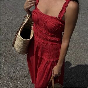 Doen red Marianne shirred cotton-poplin midi dress